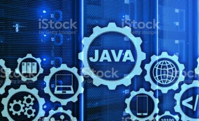 Java Programming concept. Virtual machine. On server room background.